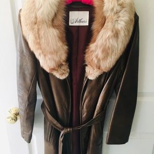 Real fox fur collar with soft leather coat